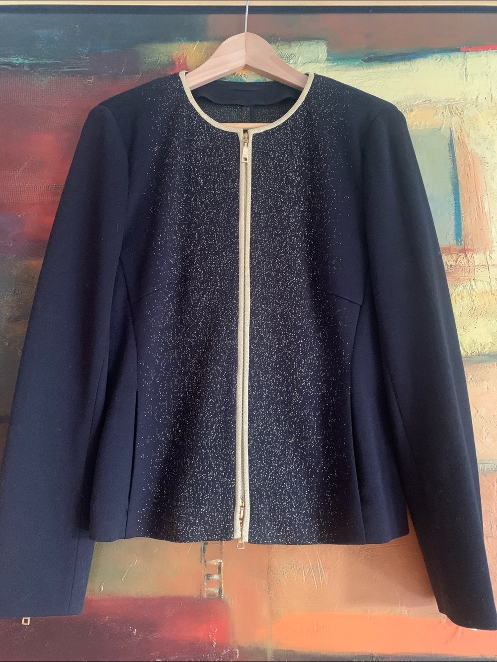 Basler Navy Blue & Gold Metallic Knit, Full Zip Blazer/Jacket, Sz 38 (US 8)